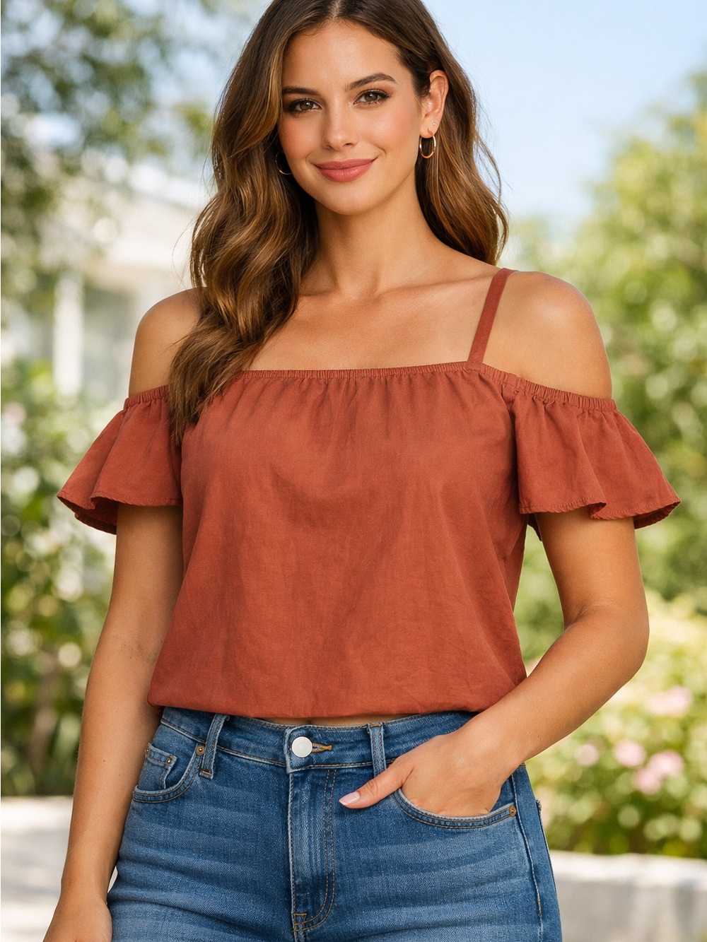 Hunt Boho Off‑Shoulder Brown/Rust Top – Medium GUC